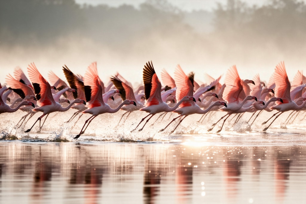 飛び立つフラミンゴ