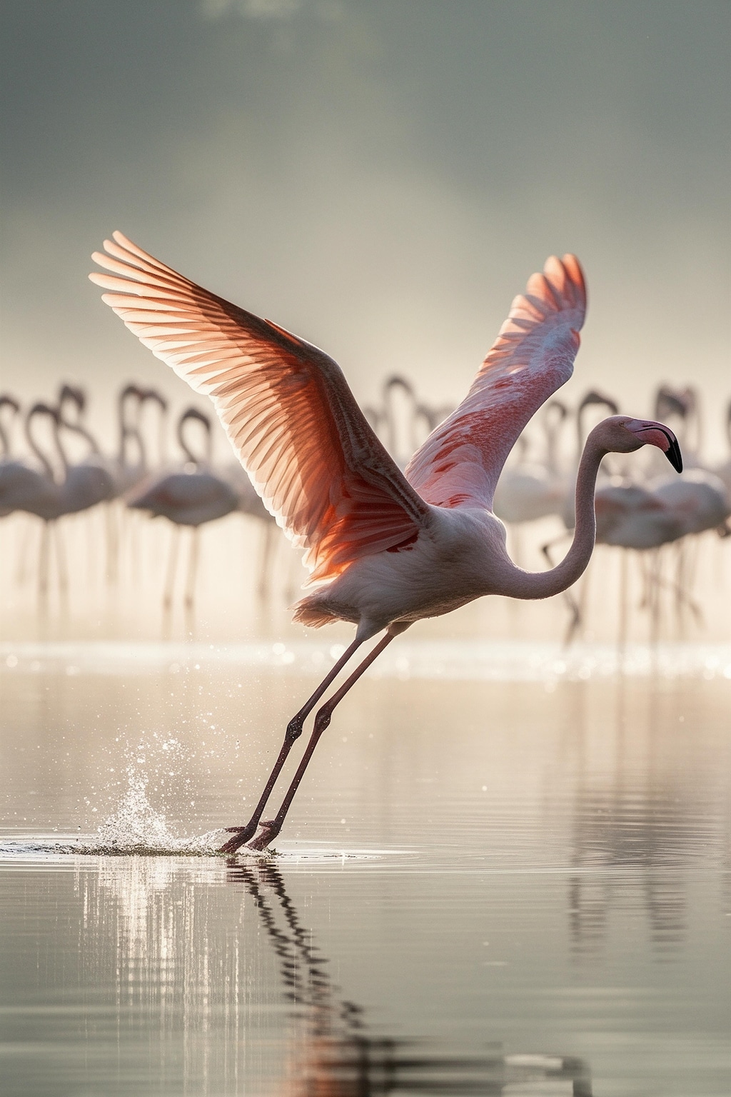 飛び立つフラミンゴ