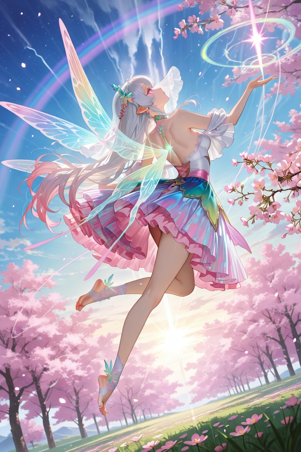 朝焼けの満開の桜並木に精霊らしく飛ぼうとする蝶の精霊