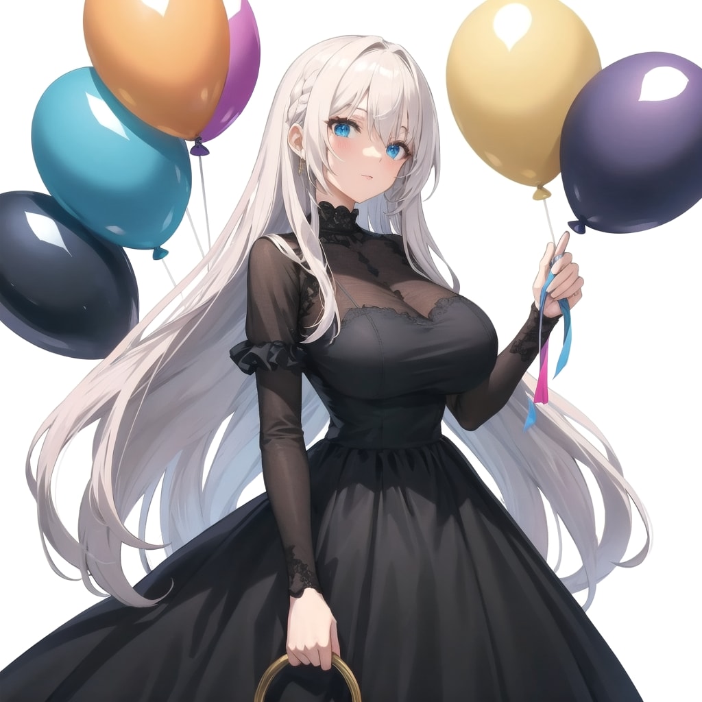 いっぱい色とりどりの風船を持つ白い髪ロングの黒いドレス着た美女