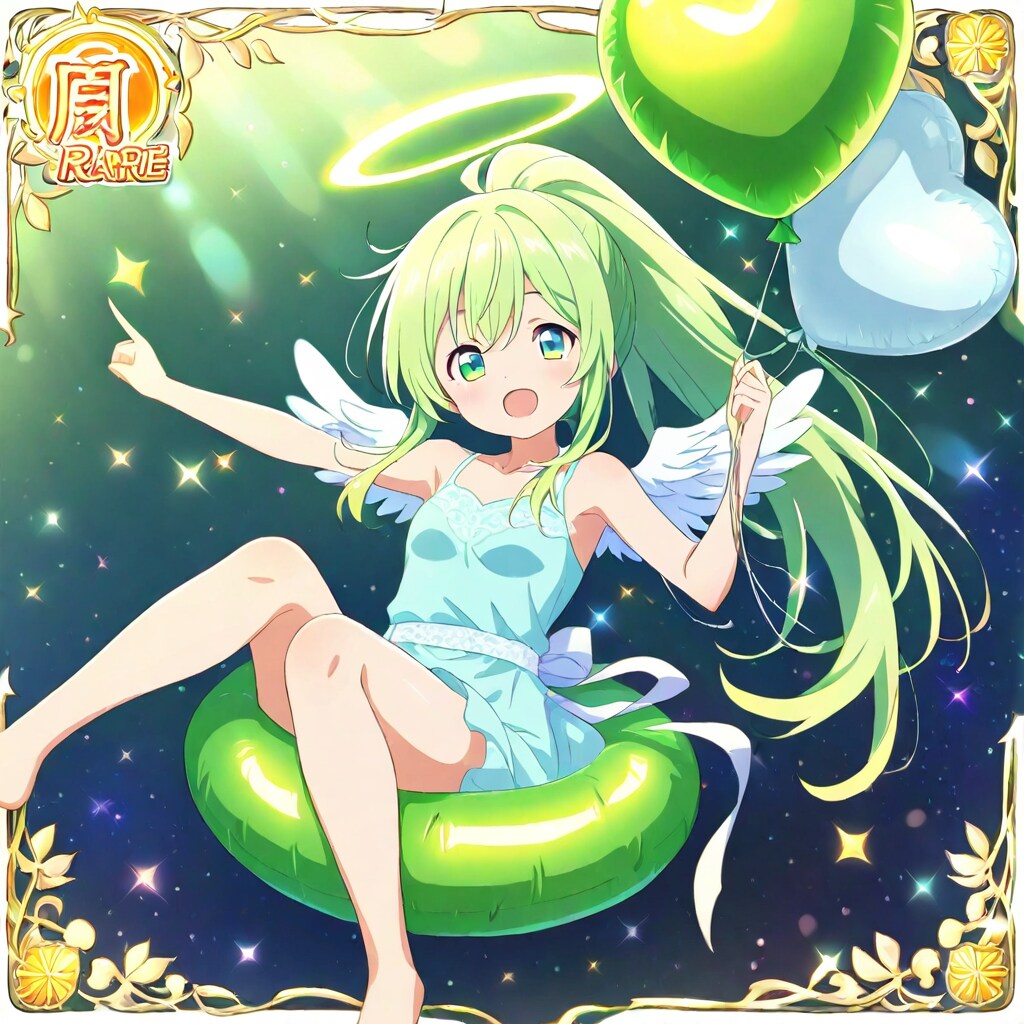 緑色の風船を浮き輪に乗って遊ぶ緑髪ポニーテールの天使の美少女。