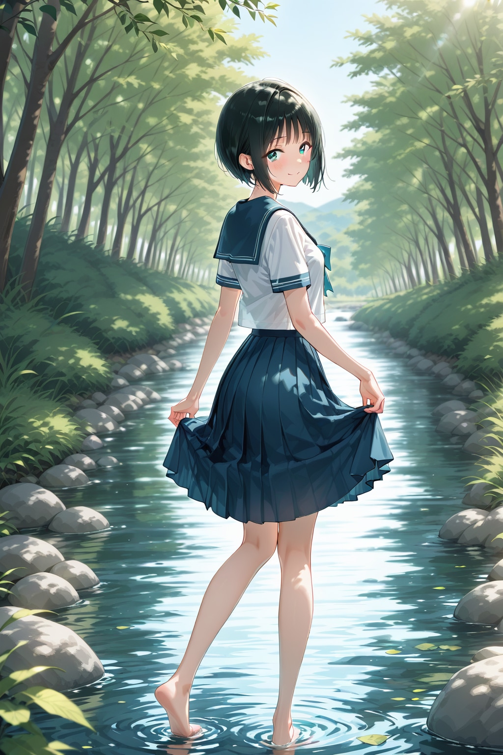 河原で水遊び