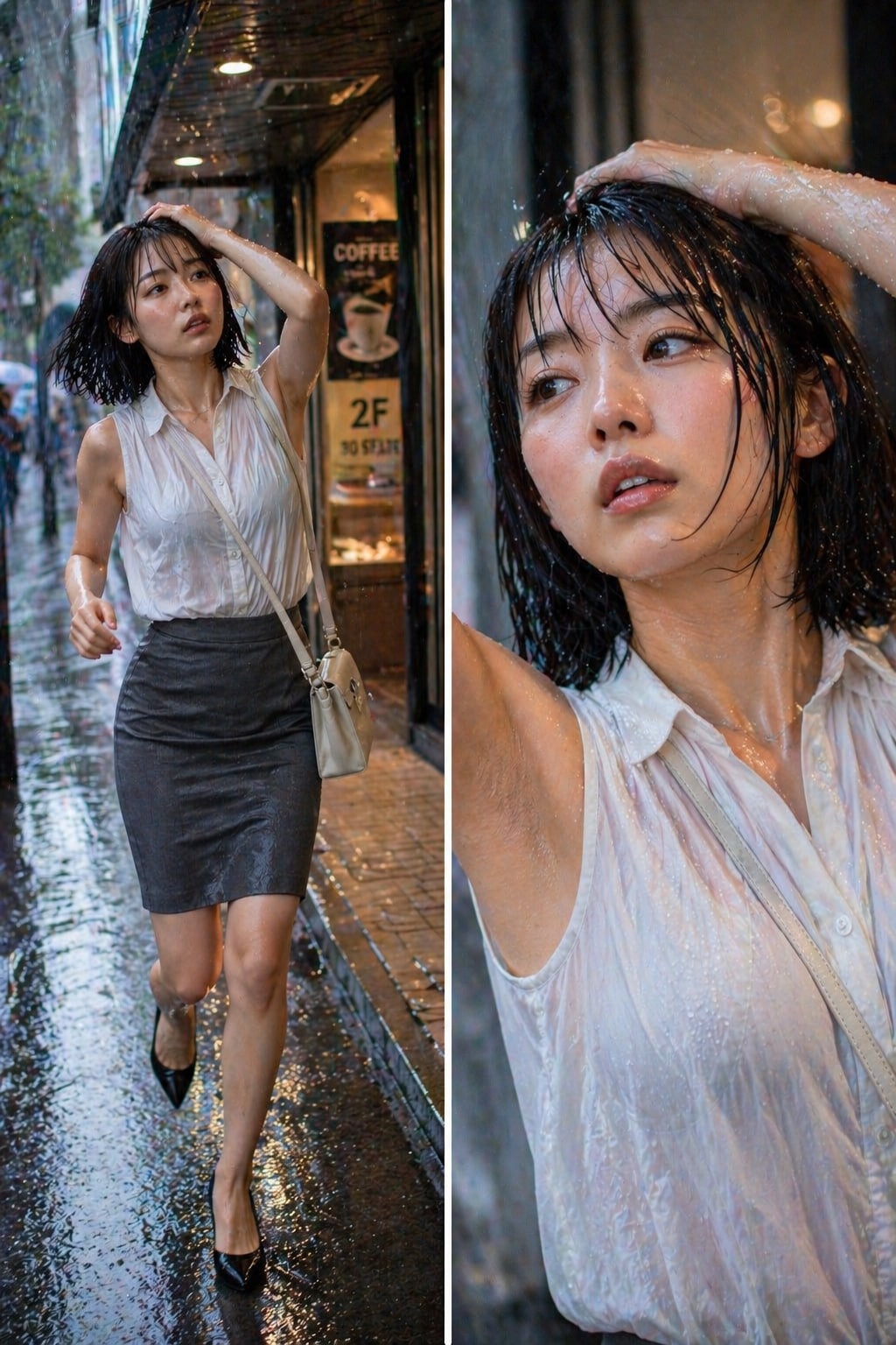 スコール、脇、ずぶ濡れ