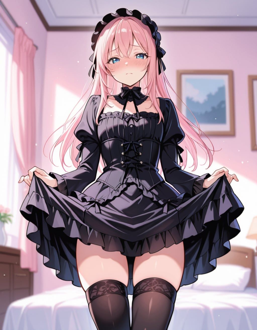 スカートをたくし上げさせられる男の娘のゴスロリ