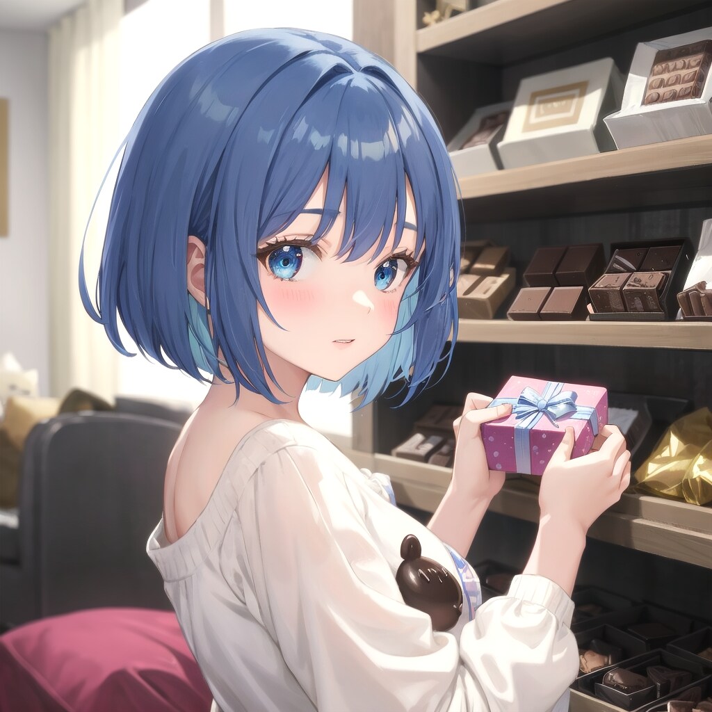 友チョコを選ぶ青髪ボブ子ちゃん