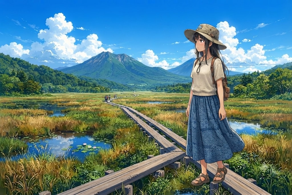 尾瀬ヶ原の広大な風景と少女
