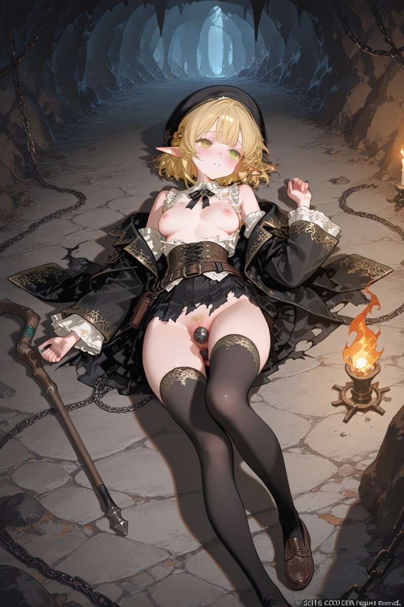 ダンジョンの洞窟で倒れるエルフちゃん