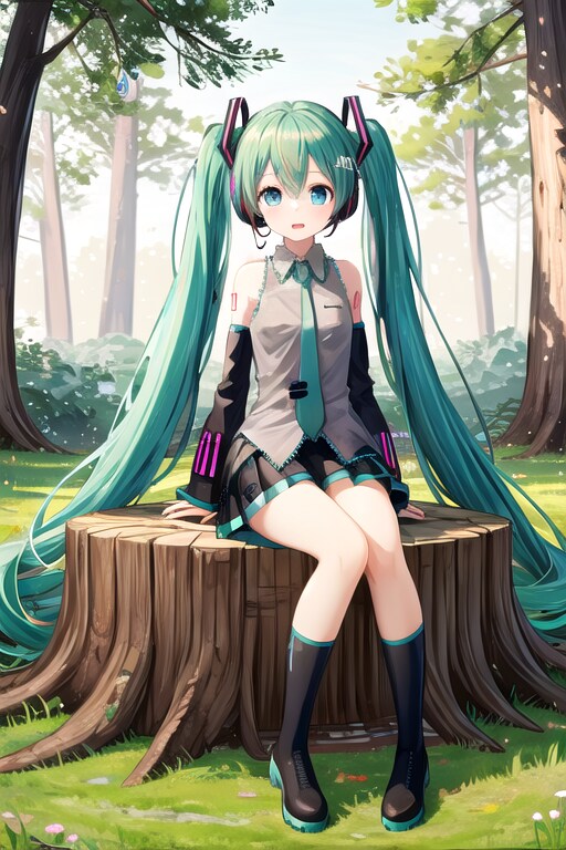 切り株に座るミクちゃん | の人気AIイラスト・グラビア