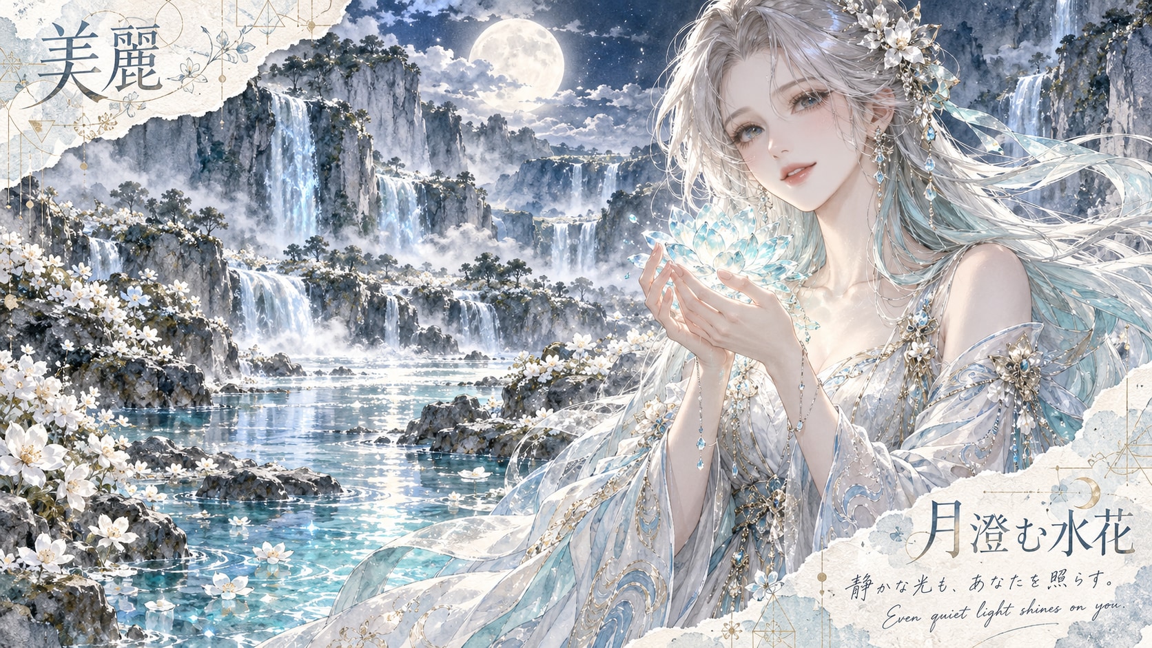 Moonlit Water Lily  Set against a breathtaking night landscape of glowing waterfalls and a serene fu | の人気AIイラスト・グラビア