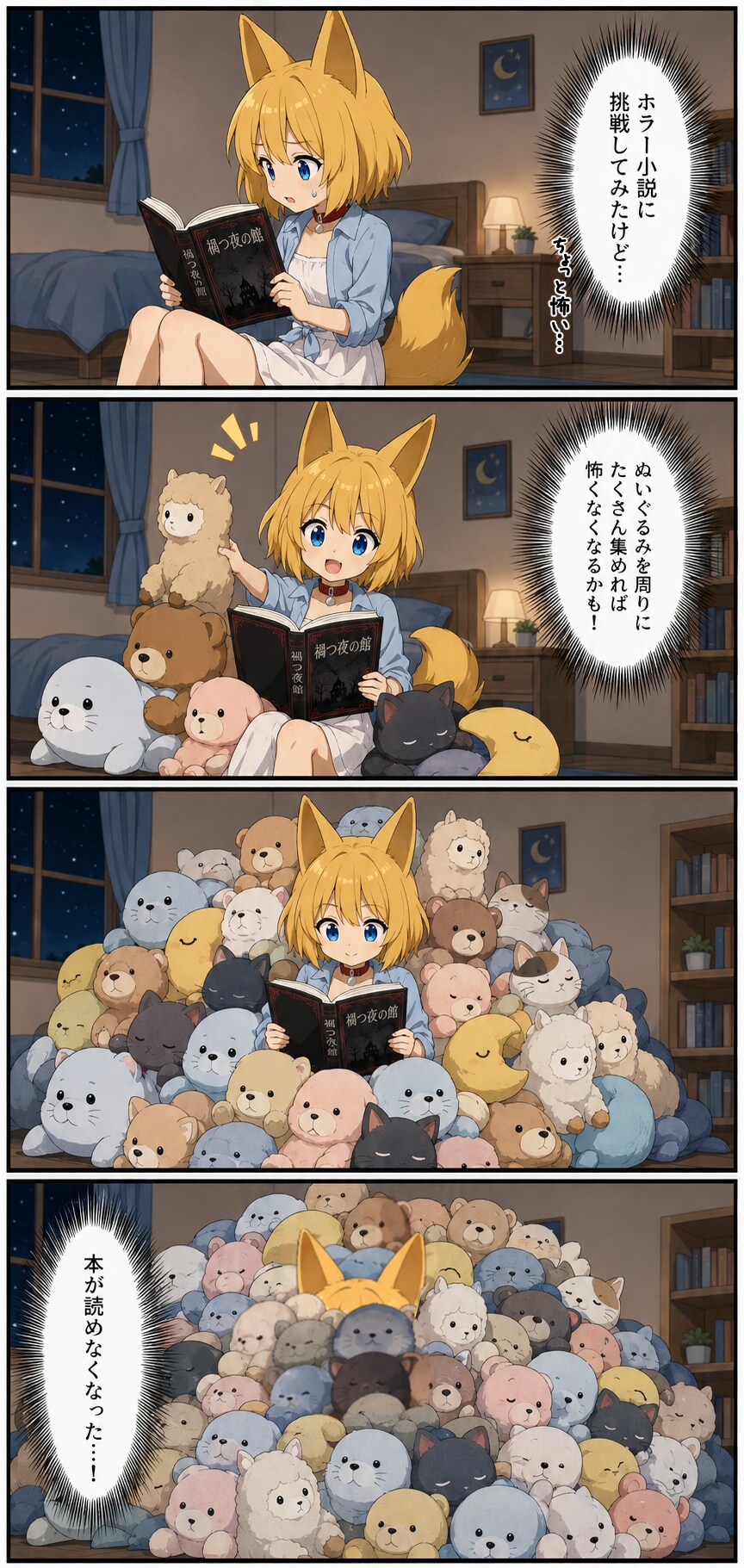 怖さを紛らわすためにぬいぐるみを増やしていくキツネ | の人気AIイラスト・グラビア