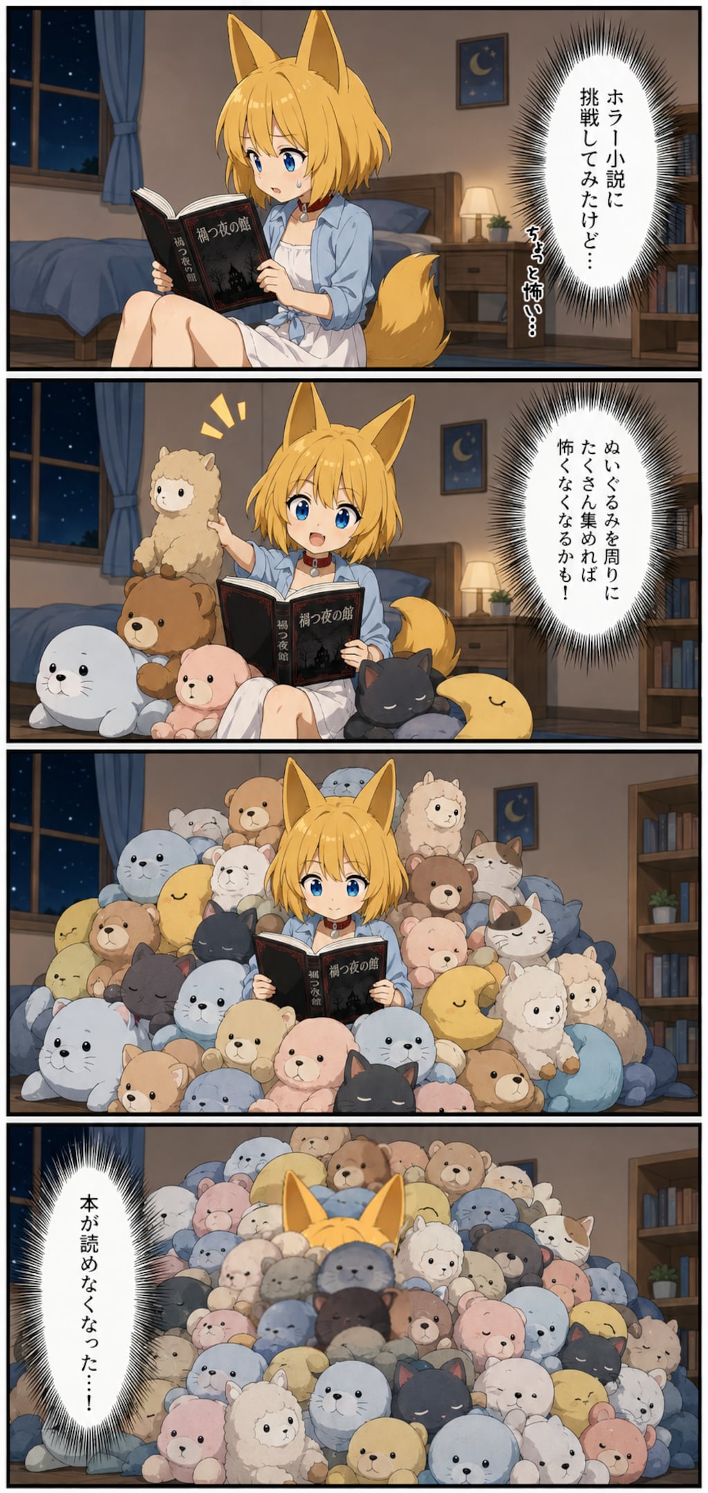 怖さを紛らわすためにぬいぐるみを増やしていくキツネ