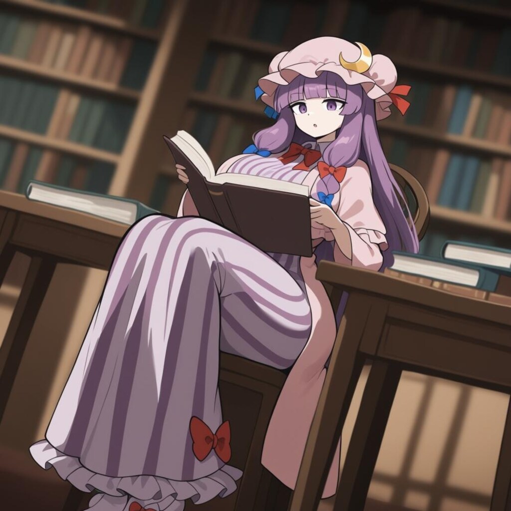 アニメ水墨画風、図書館司書女医コスプレ人妻読書