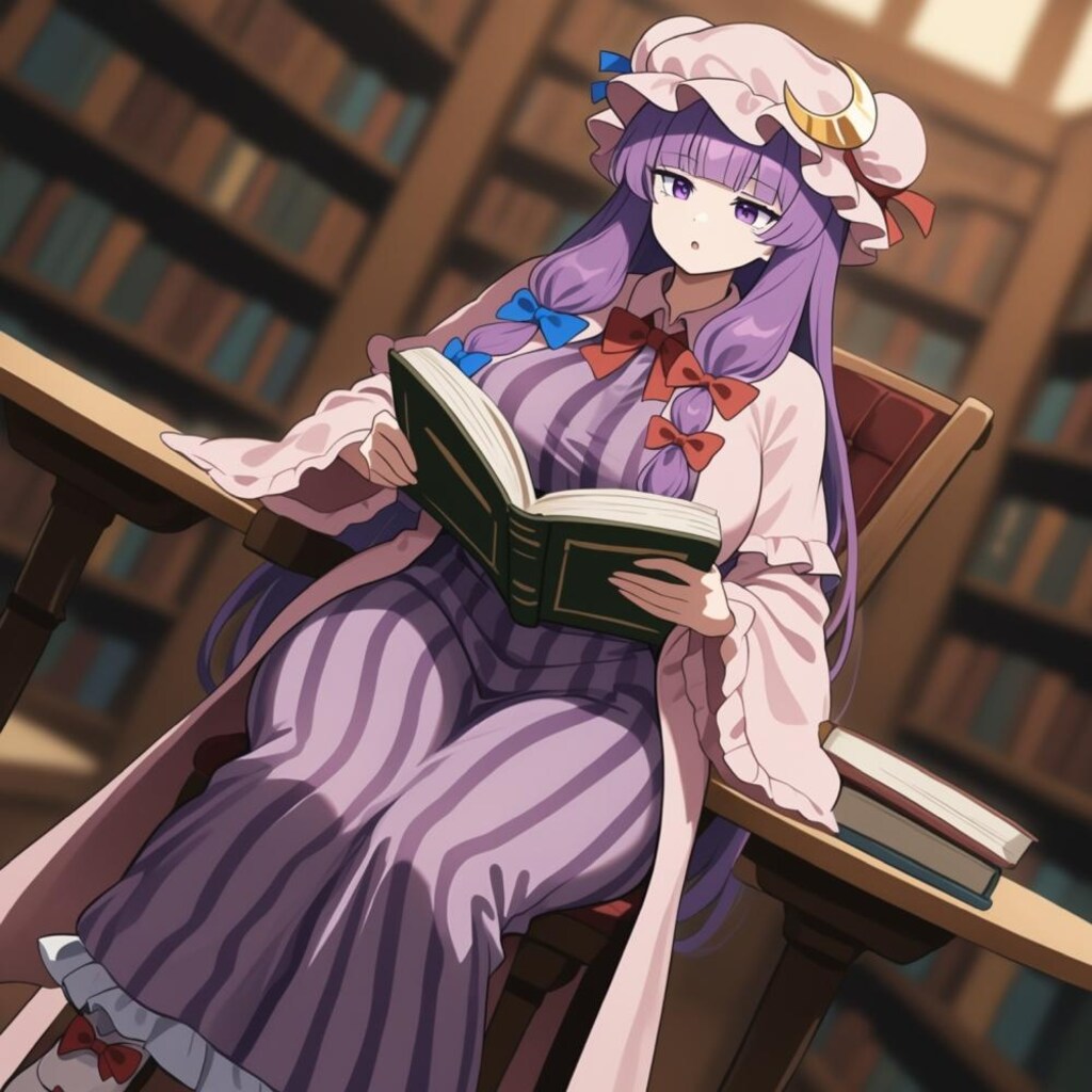 アニメ水墨画風、図書館司書女医コスプレ人妻読書