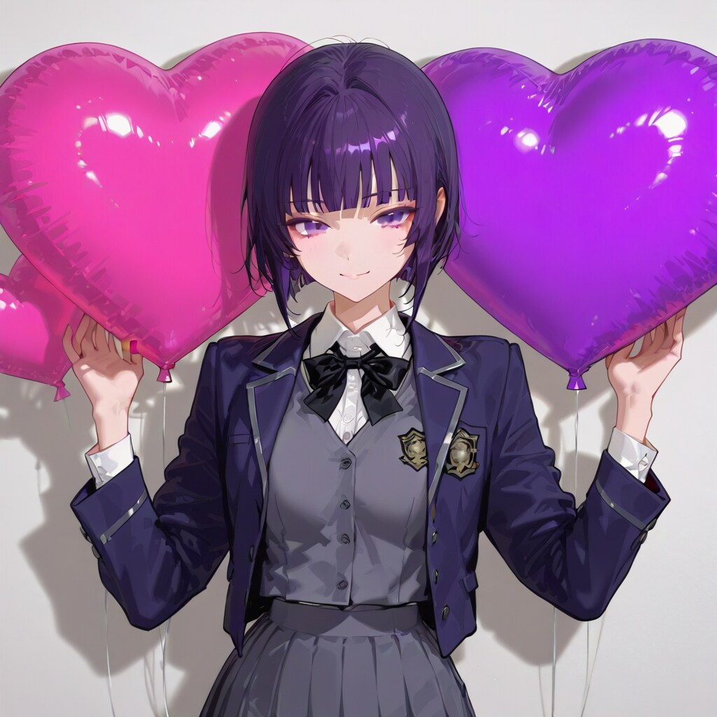 2つ巨大ハート風船を持つ紫髪ショートカットの制服の美少女。
