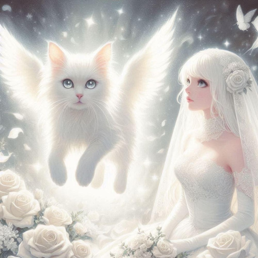 アクリルホラーファンタジー、宙に浮き光を放つ天使の白猫