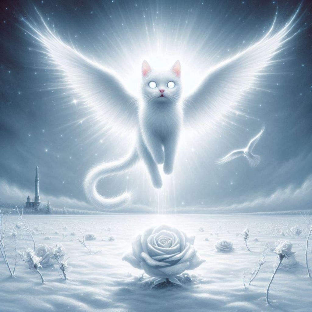 アクリルホラーファンタジー、宙に浮き光を放つ天使の白猫