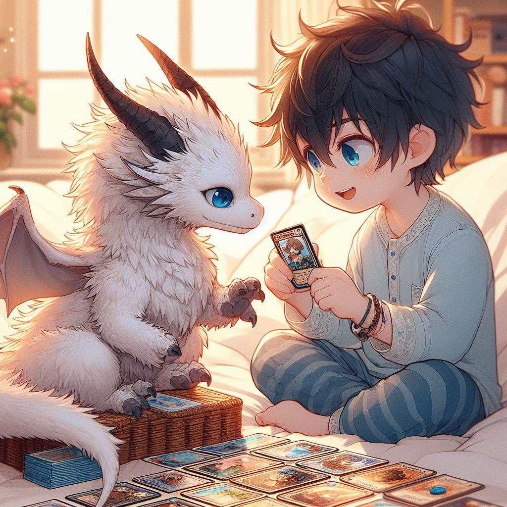 トレカで遊ぶ少年と白いドラゴン