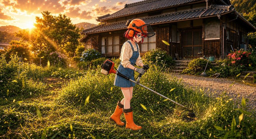 夕焼けの里山、全力草刈り日和