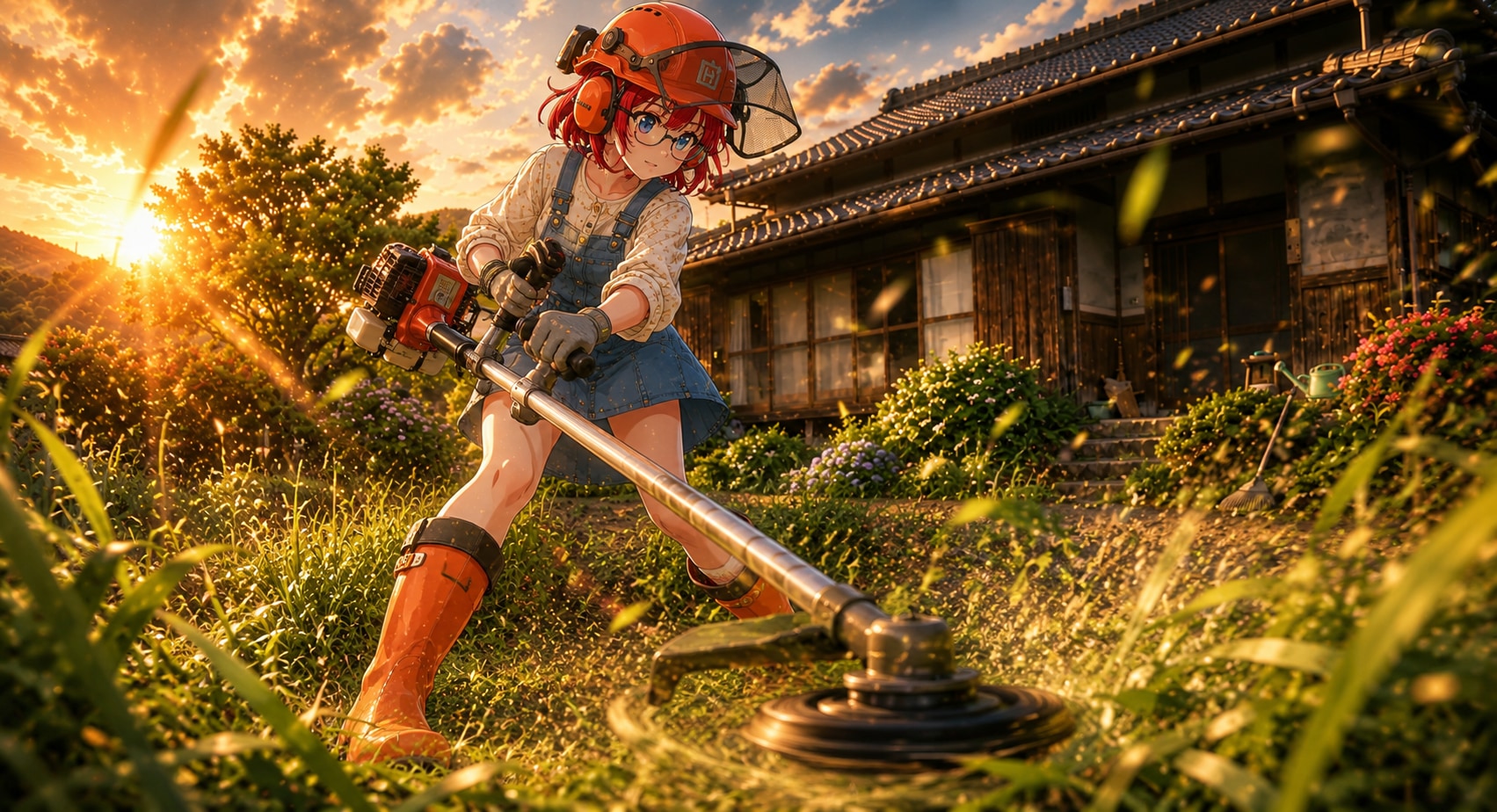 夕焼けの里山、全力草刈り日和 | の人気AIイラスト・グラビア