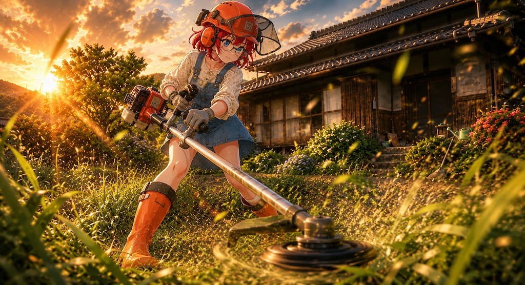 夕焼けの里山、全力草刈り日和
