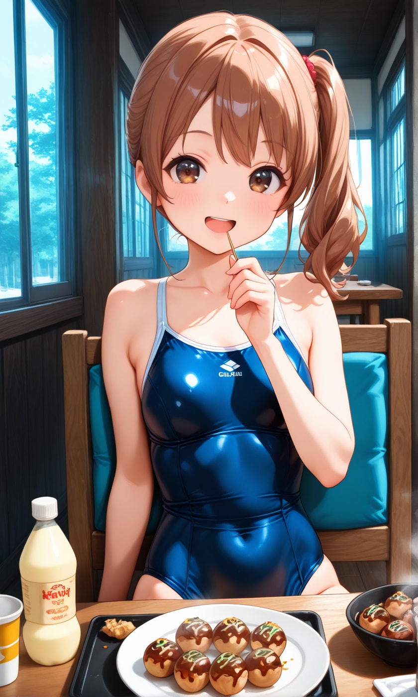 たこ焼きを食べるスク水サイドポニー女子
