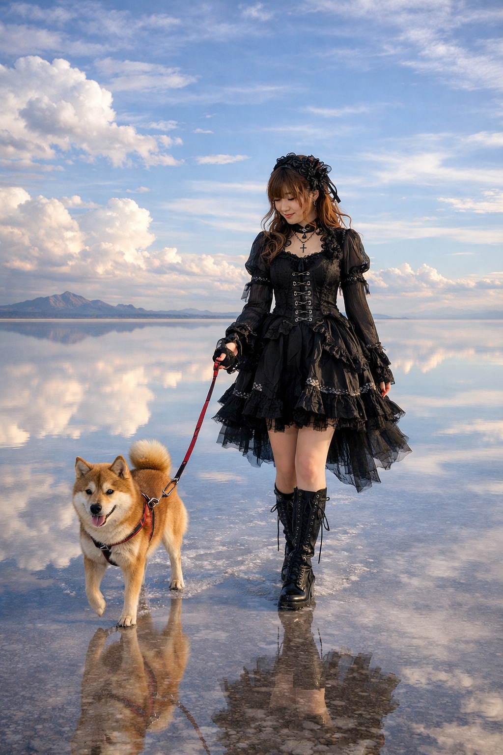 ウユニ塩湖で柴犬の散歩