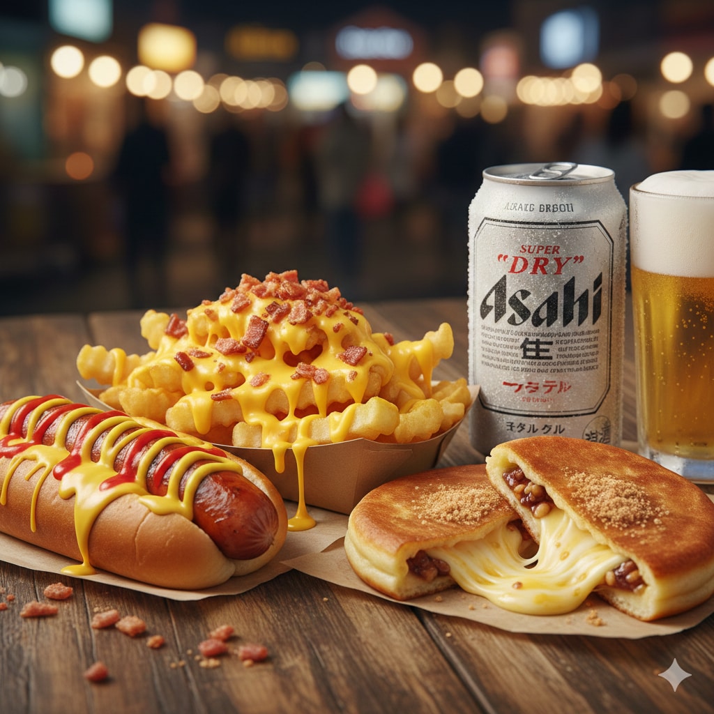 【晩飯】ホットドック、チーズホットク、チーズフライドポテト、キンキンのやつ