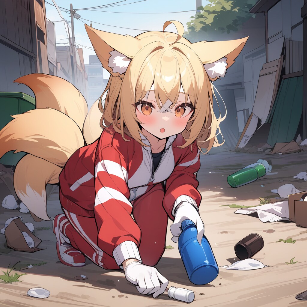ゴミ拾いする狐っ娘