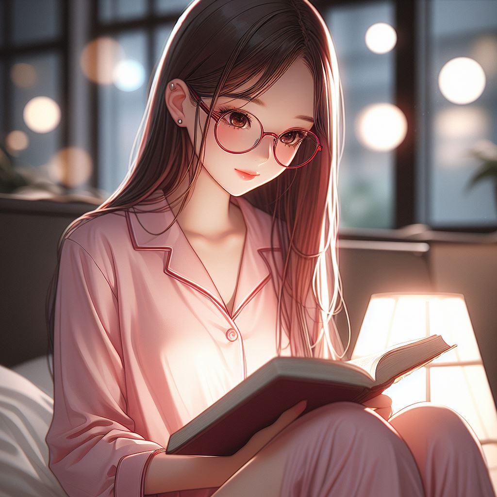 寝室で読書をするメガネをかけた少女(セミリアル)