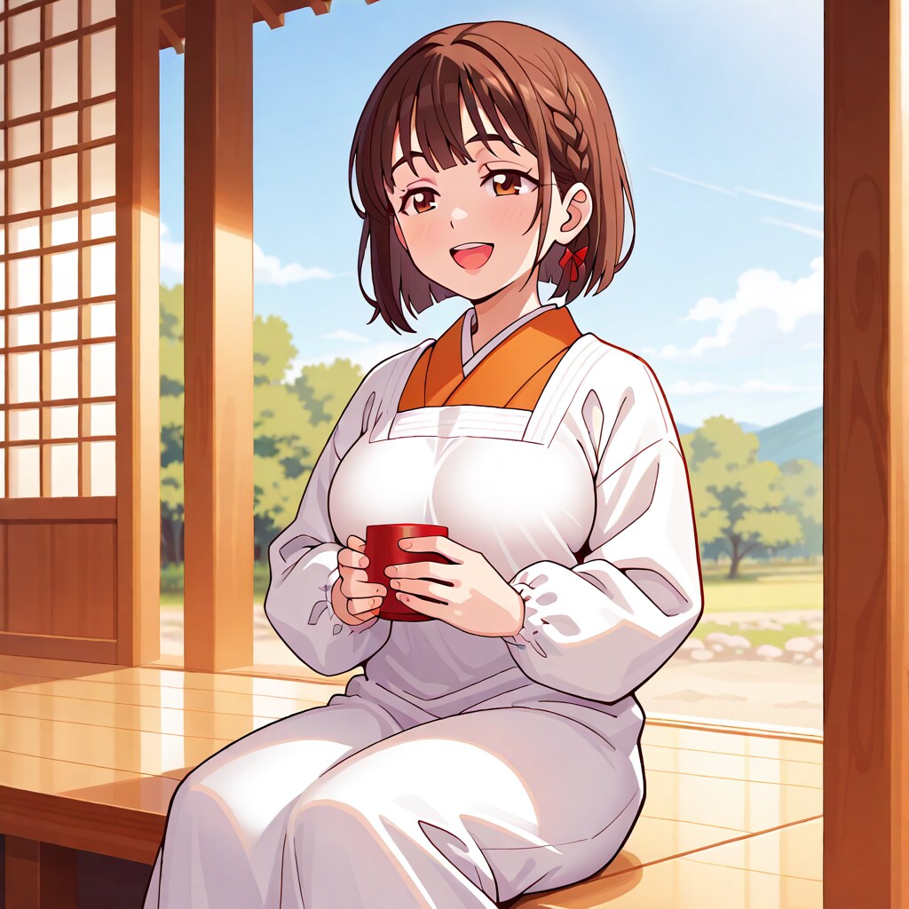 割烹着の女性　一休み