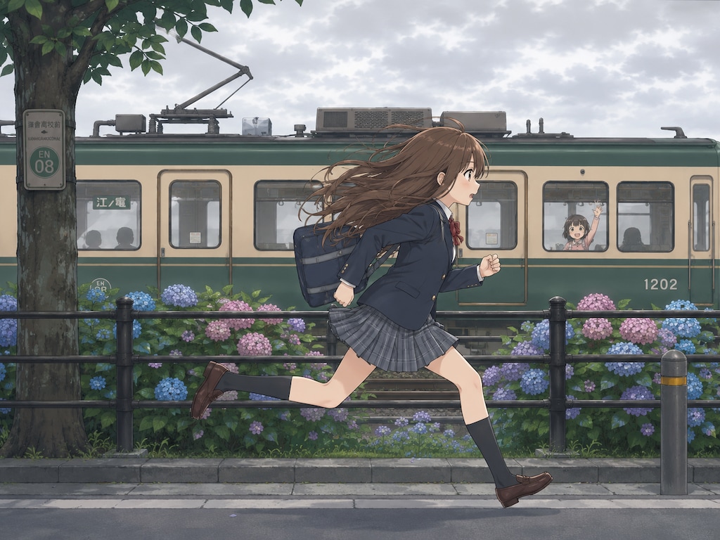 江ノ電とアジサイと女の子