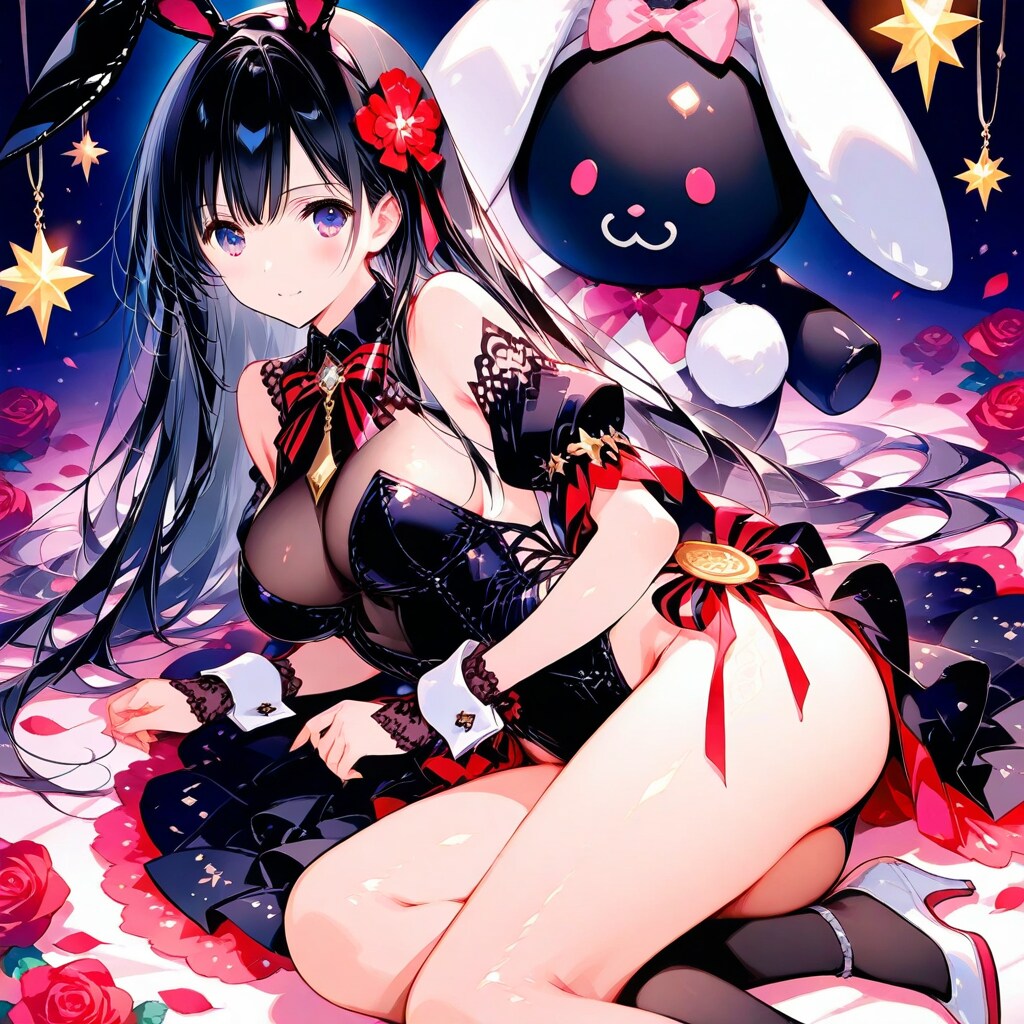 バニー風船を持つ黒髪ロングのバニーガールの美女。