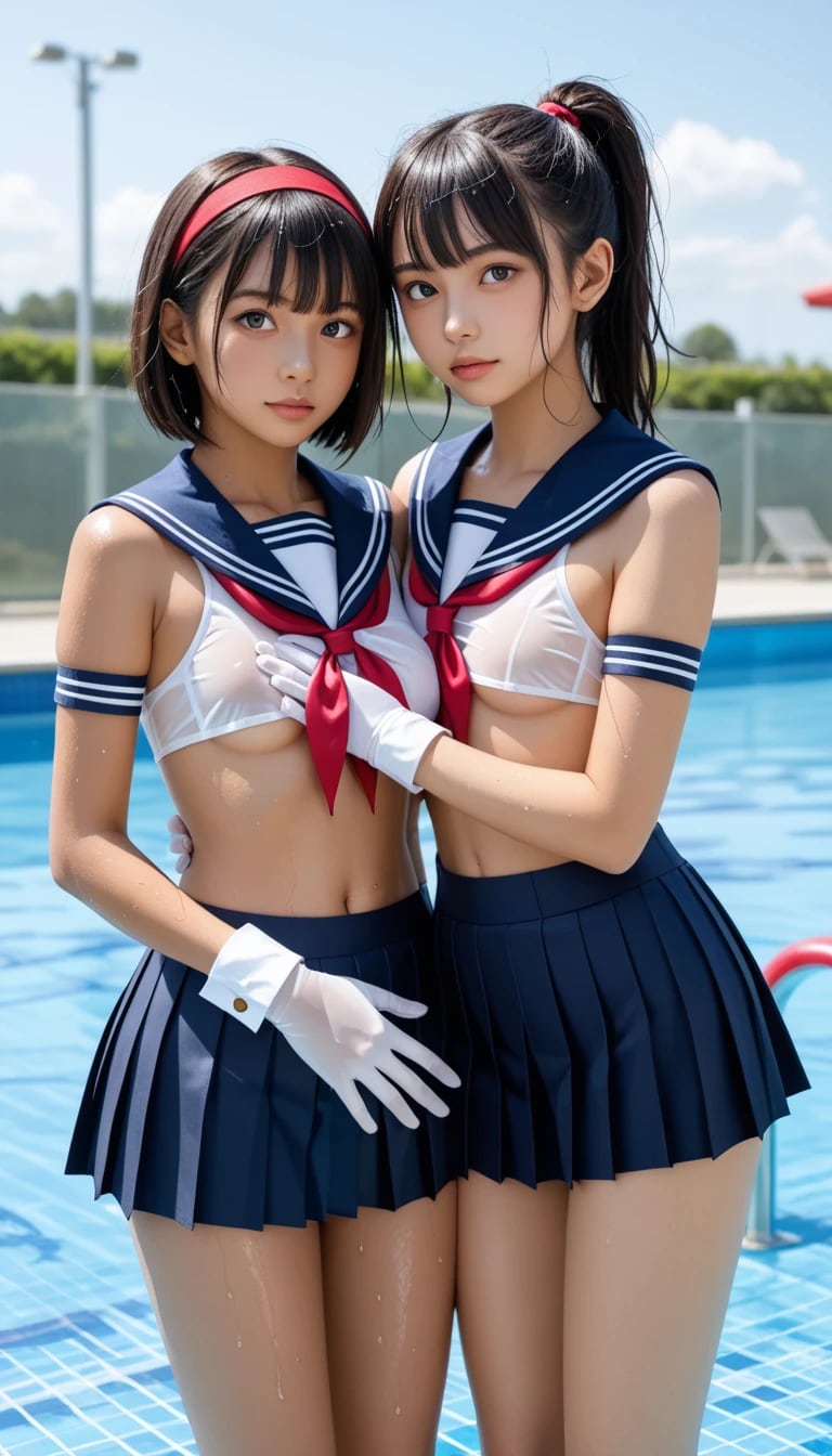 【速報】たくし上げセーラー美少女、ついに『2人』になってしまい全ネット民の理性が崩壊ｗｗｗ濡れた白生地、赤リボン、そして密着ボディのコンボが完全に神回すぎる件！！