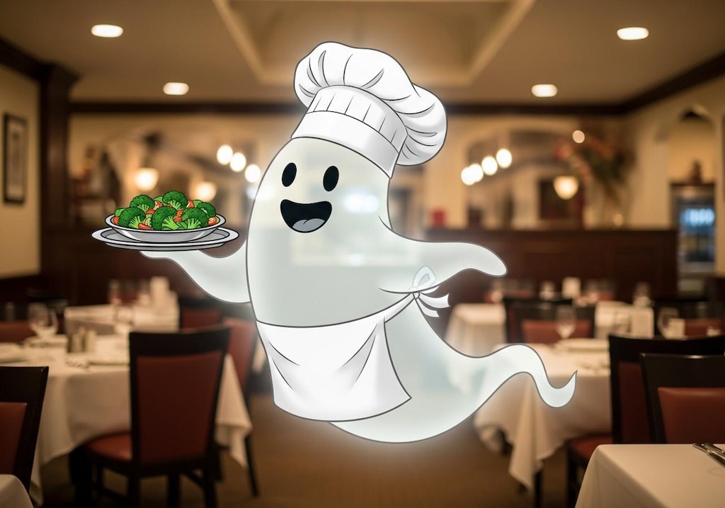 ブロッコリーサラダを運ぶお化けシェフ