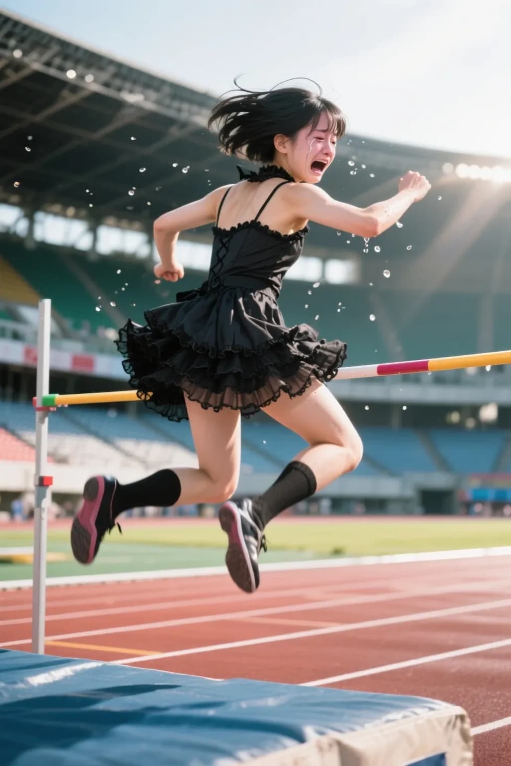 泣きながら走高跳するゴスロリ少女