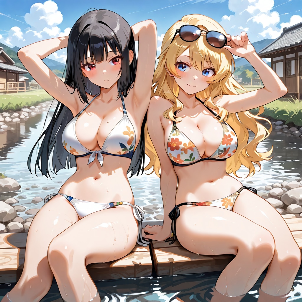 ビキニで川遊びちちぷいコンビ