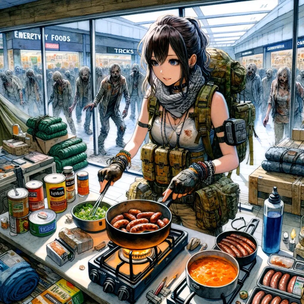 街がとつぜんゾンビに襲われたので ひとまずアウトドア用品店に立てこもって サバイバル道具や非常食を確保し 朝食をつくっている女の子