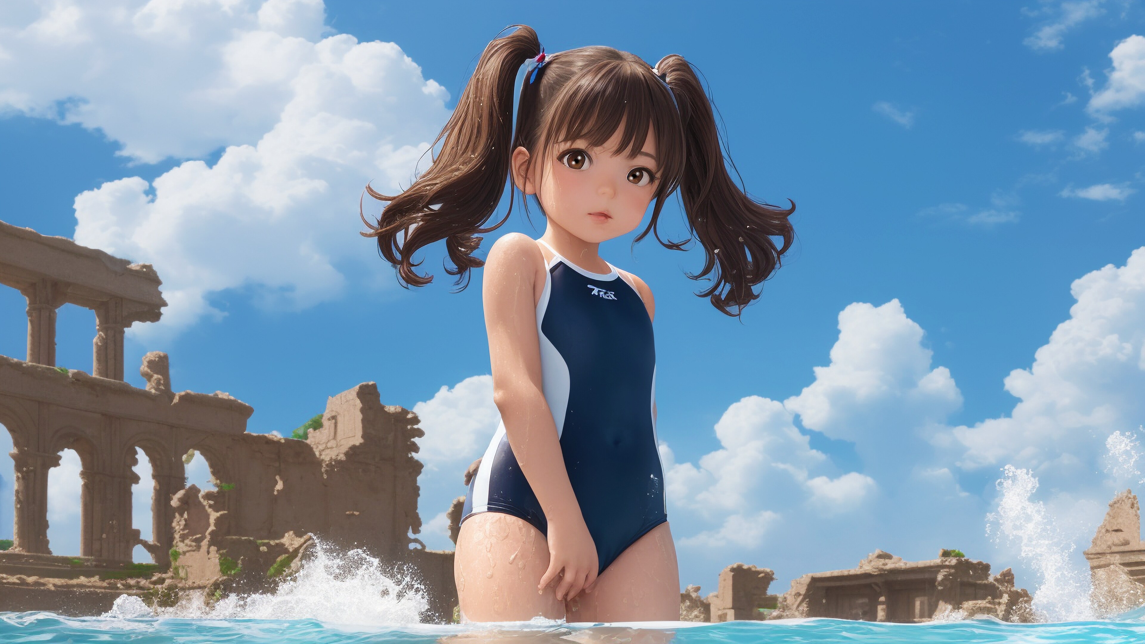 水没廃墟で水遊び