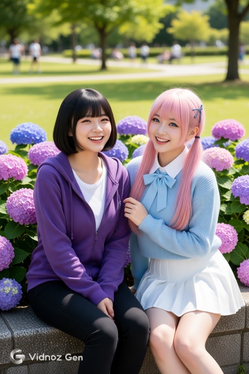 紫陽花の前で談笑し合う女性二人