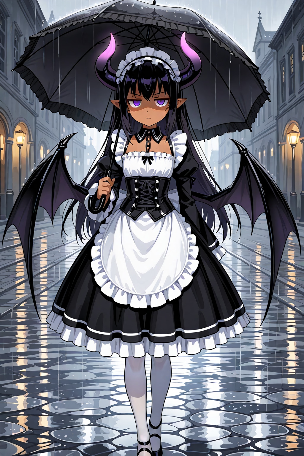 雨の洋館へ帰る女悪魔メイドさん
