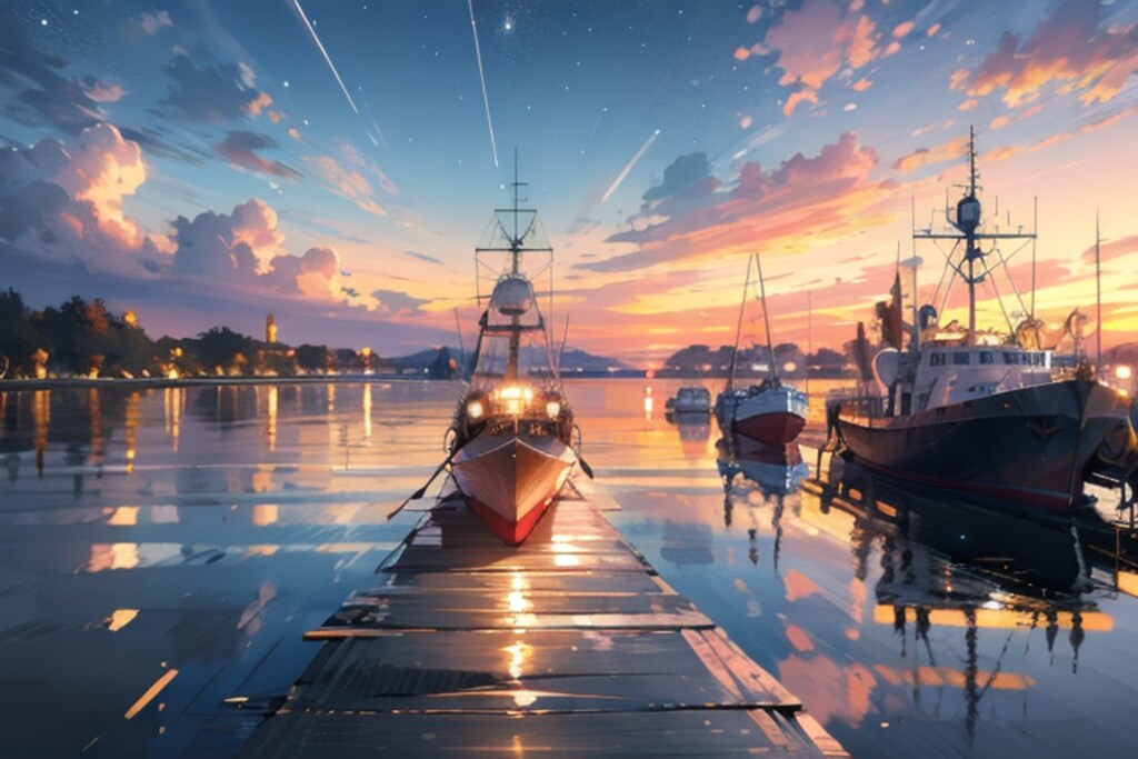 夕焼けと警備艇