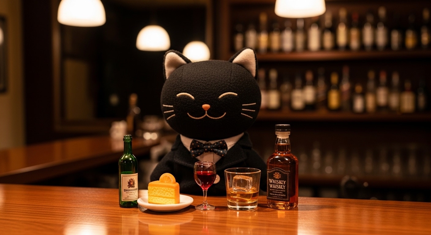 黒猫バーテンダーの甘夏ケーキとワインとウイスキーのセット | の人気AIイラスト・グラビア