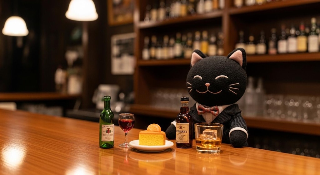 黒猫バーテンダーの甘夏ケーキとワインとウイスキーのセット