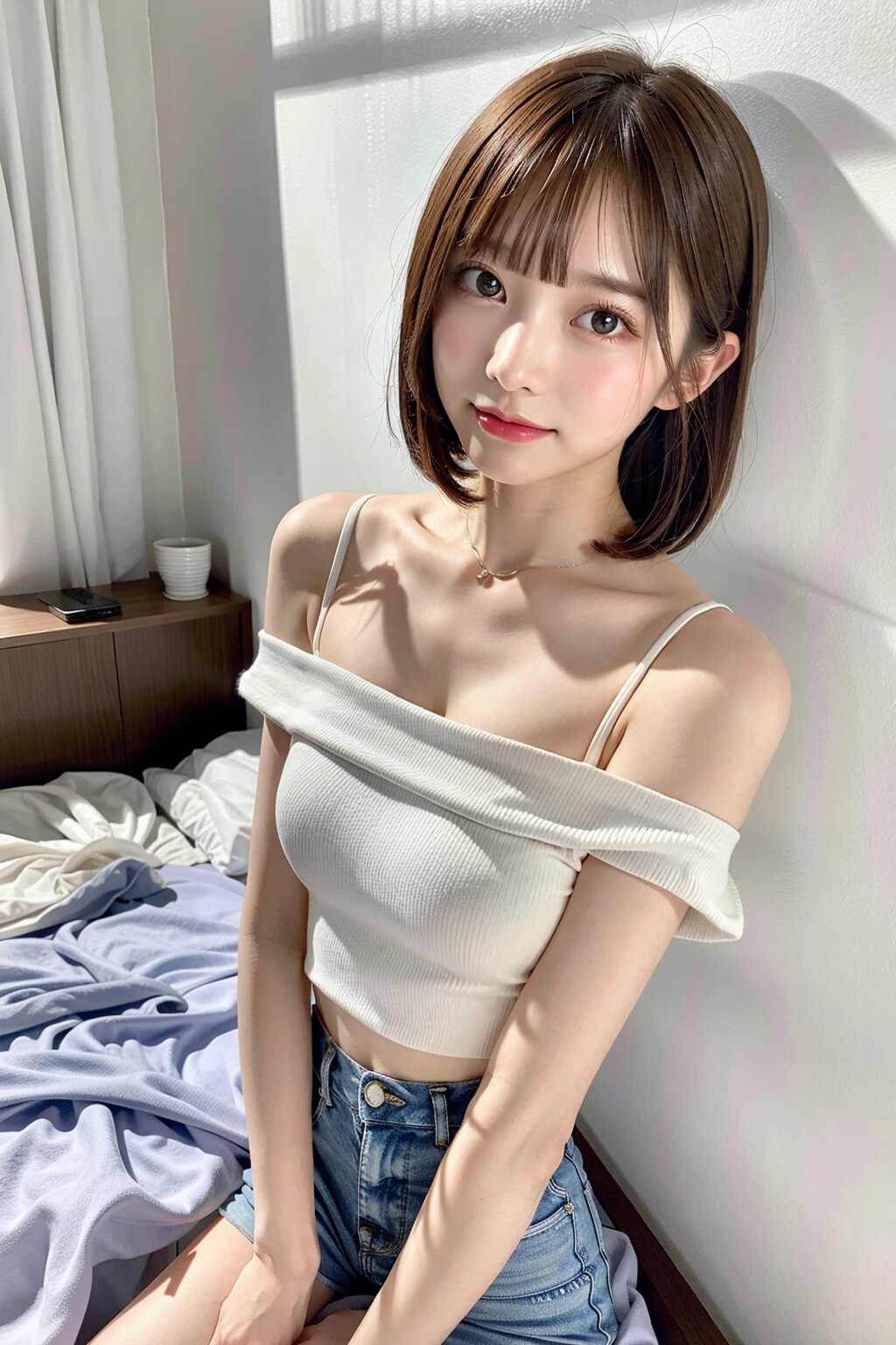 ショートパンツ×オフショルの肌見せで誘惑してくるボブお姉さん