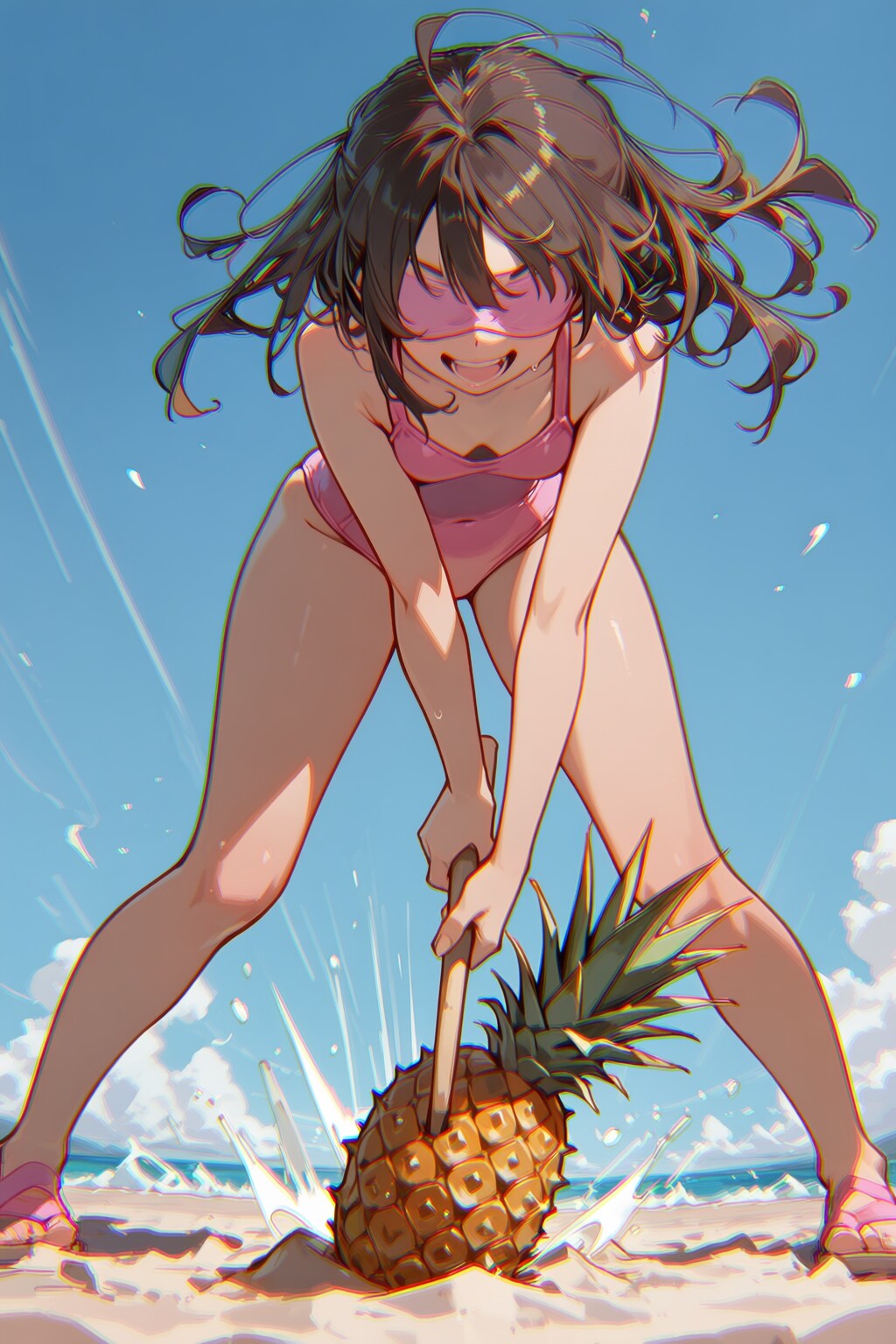 ビーチでパイナップル割り