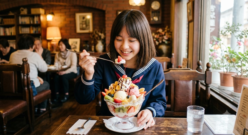 喫茶店で大きなパフェを食べる少女
