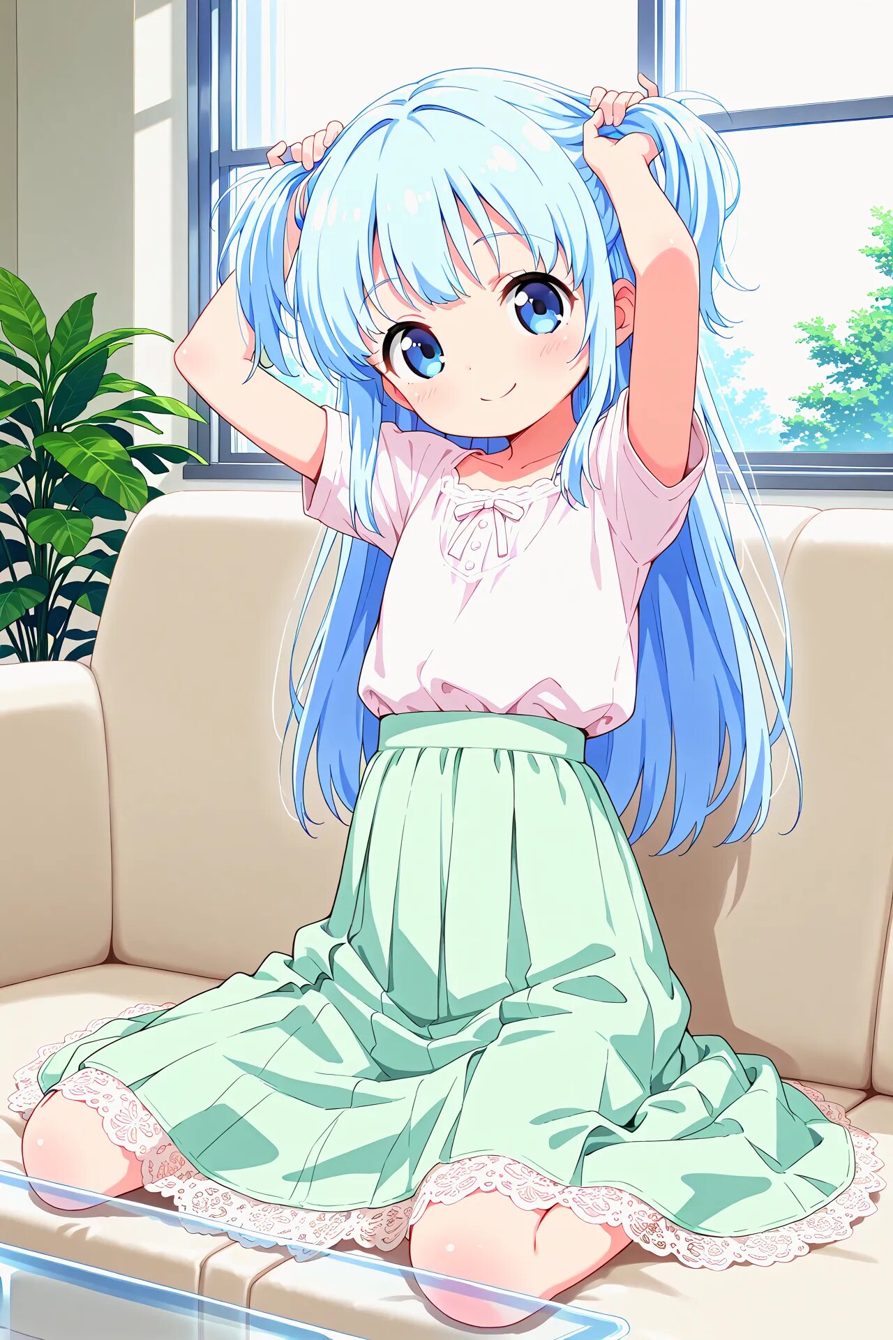 あおいちゃんが髪を束ねる