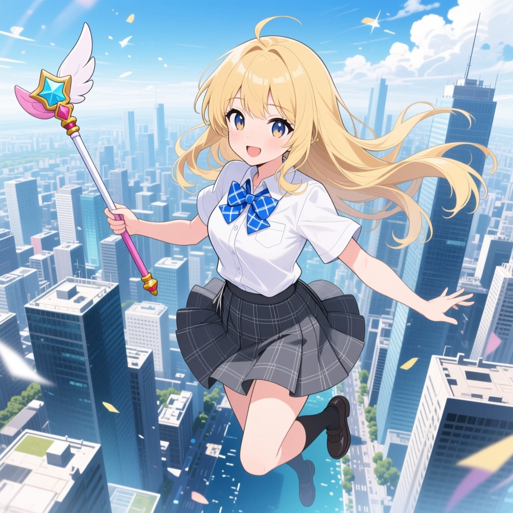 空を散歩する魔法使い少女