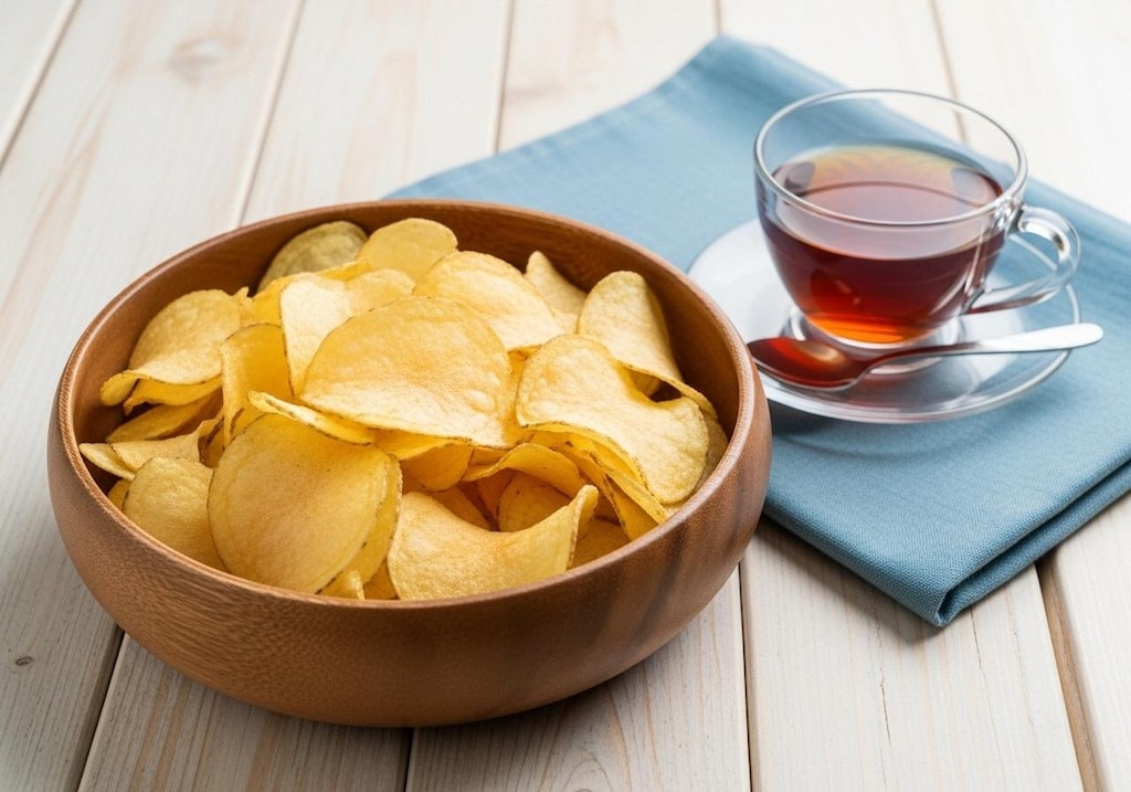 デザートのポテトチップスと飲み物のセット