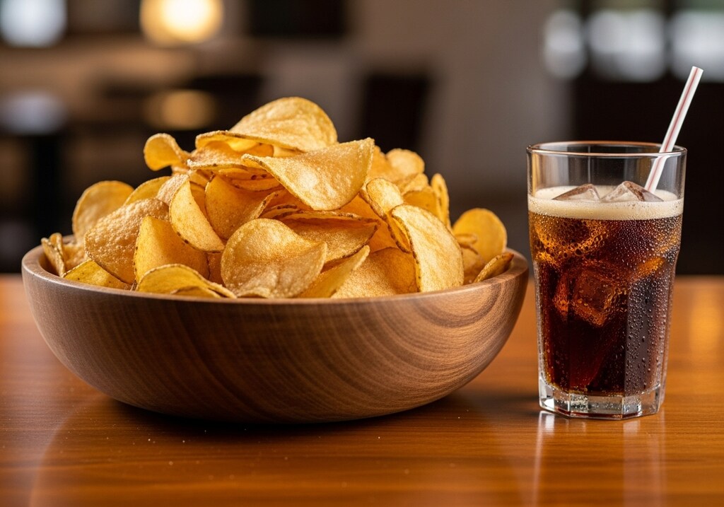 デザートのポテトチップスと飲み物のセット